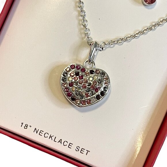 ALWAYS FOLLOW YOUR HEART NECKLACE PINK RHINESTONE HEART PENDANT W/ MATCHING EARR - Picture 3 of 4